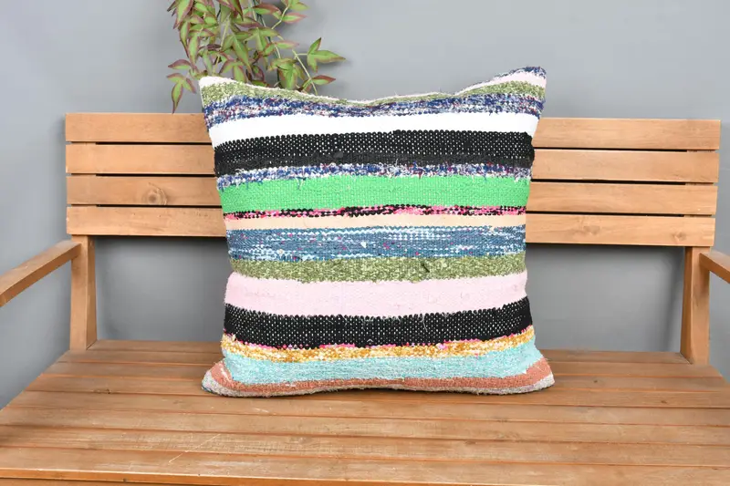 Green & Pink Striped Decorative Pillow, 24x24 Inches, Embroidered Vintage Pillow - 6