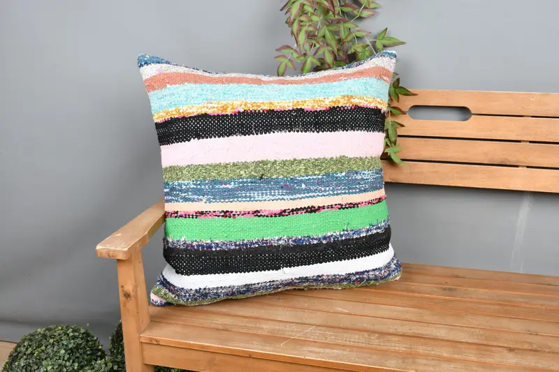 Green & Pink Striped Decorative Pillow, 24x24 Inches, Embroidered Vintage Pillow - 1