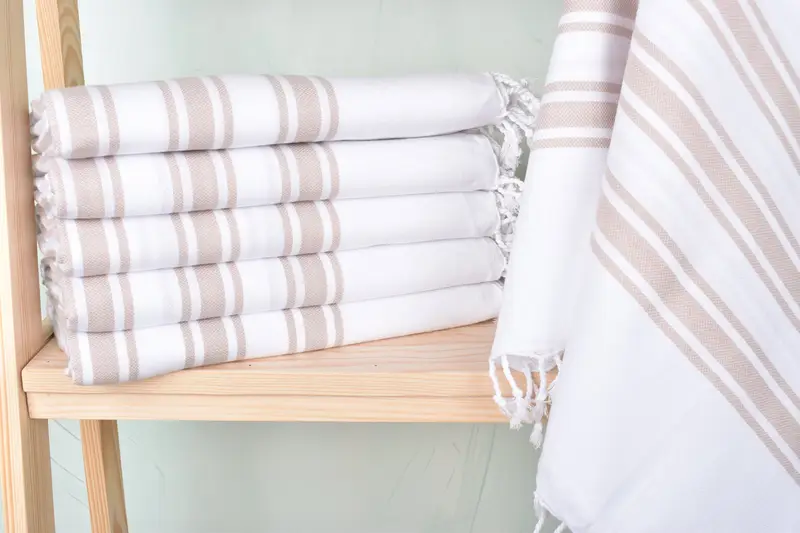 Turkish Beach Towel Beige Striped, Organic Cotton/Linen, 40x71 Inches