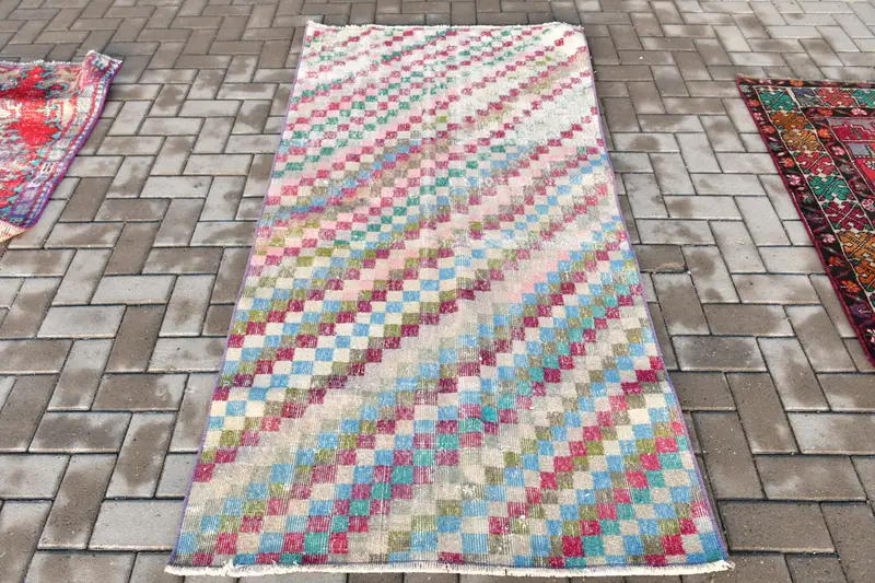 Vintage Türk Halısı, 3.3x6.6 ft Oushak Halı, Mavi Ombré Yün Halı - 1