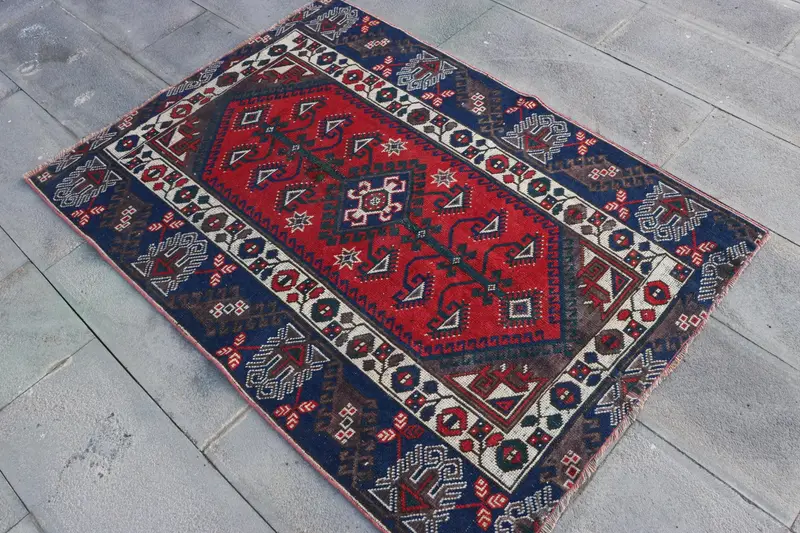 Vintage Turkish Rug 3.5x4.9 ft, Red Striped Wool Rug