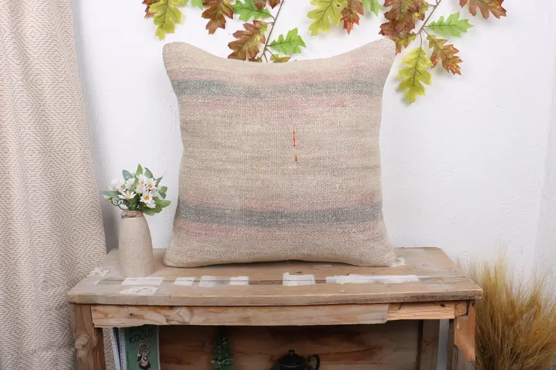 Lounge Throw Cushion Cover, Pillow for Sofa, 20x20 Beige Pillow Case, Interior Designer Pillow, Turkish Kilim Pillow, Pillow Cover - 1