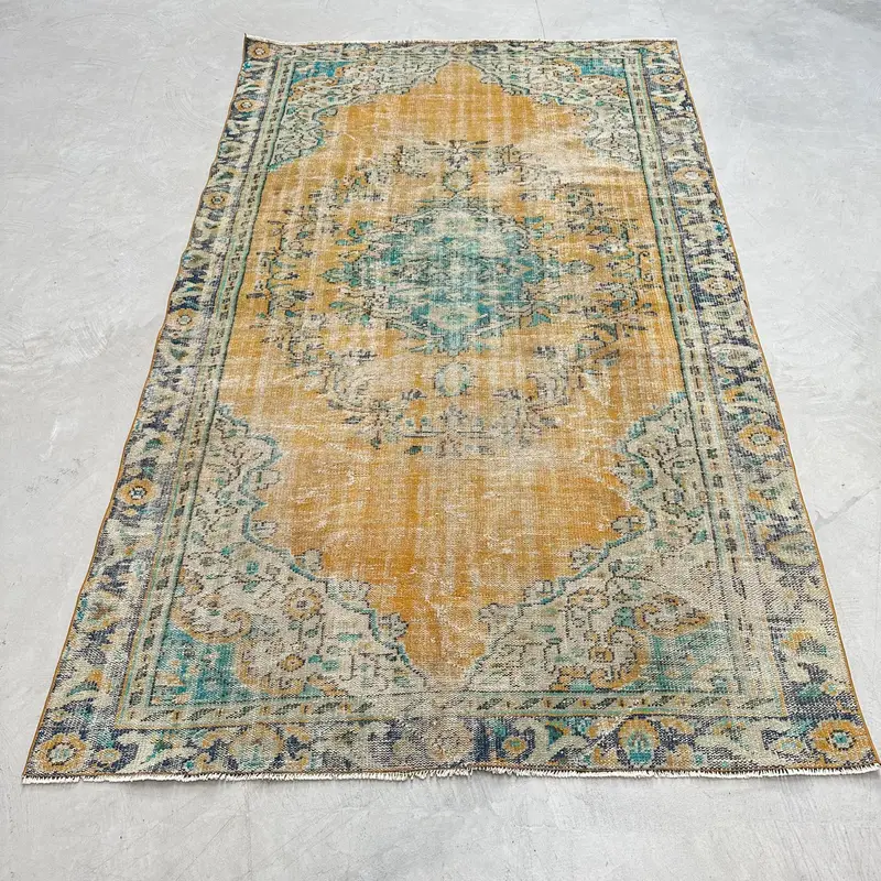 5.6x9.6 ft Halı, Vintage Türk Halısı, Sarı Mavi Katı Yün Halı - 1