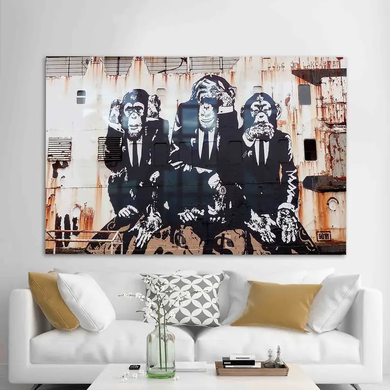 エレガントなプリントガラス: バンクシーの三猿のモダンアート作品