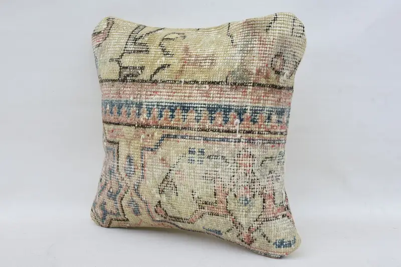 Boho Pillow Sham Cover, Neutral Throw Pillow Sham, Cushion Cover, Vintage Kilim Pillow, 14x14 Beige Pillow Case, Turkish Pillow, Seat Cushion - 3