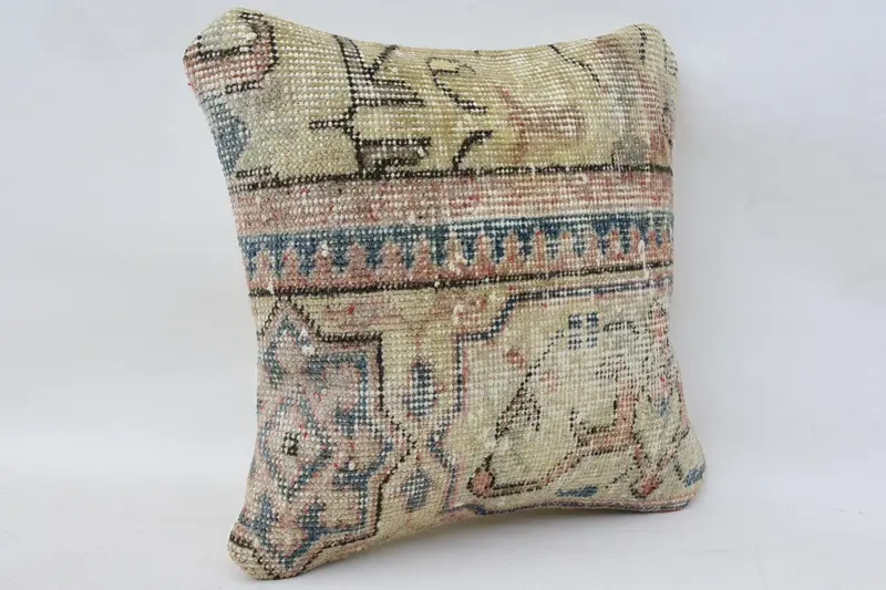 Boho Pillow Sham Cover, Neutral Throw Pillow Sham, Cushion Cover, Vintage Kilim Pillow, 14x14 Beige Pillow Case, Turkish Pillow, Seat Cushion - 2