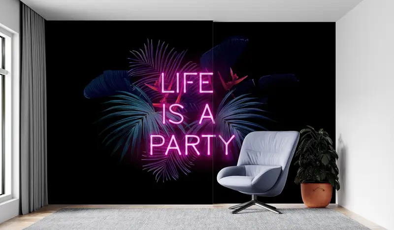 Modern Wall Paper,Wall Paper Peel and Stick,Paper Wall Art ,Party Neon Canvas Print,Life Is A Party Wall Painting, - 3