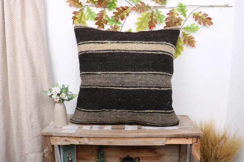 Vintage Kilim Pillow, Cushion Cover, Aztec Cushion, Kilim Rug Pillow Sham, Antique Pillows, Ethnical Kilim Rug Pillow, 24x24 Brown Pillow Sham - 1