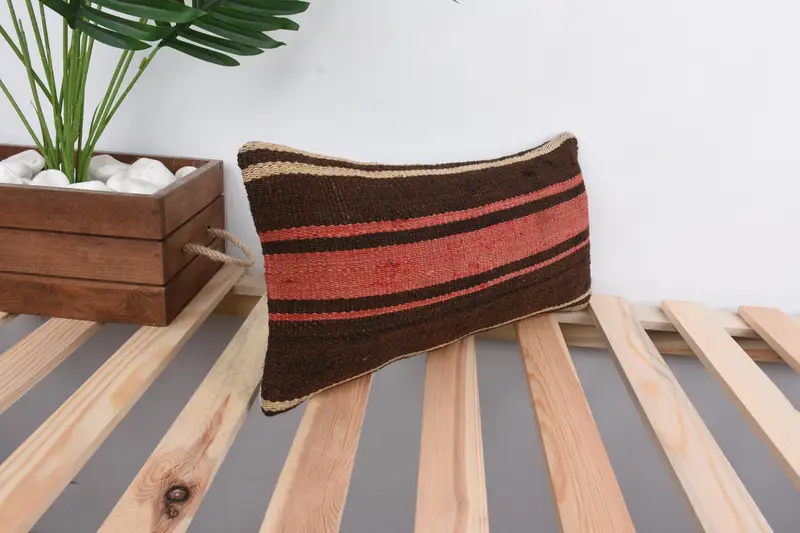 Ethnical Kilim Rug Pillow, Vintage Kilim Throw Pillow, Handmade Throw Pillow Sham, 8x16 Brown Cushion, Turkish Pillow, Pillow Cover - 4