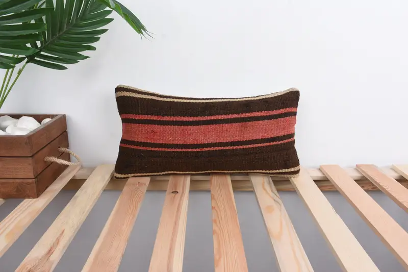 Ethnical Kilim Rug Pillow, Vintage Kilim Throw Pillow, Handmade Throw Pillow Sham, 8x16 Brown Cushion, Turkish Pillow, Pillow Cover - 1