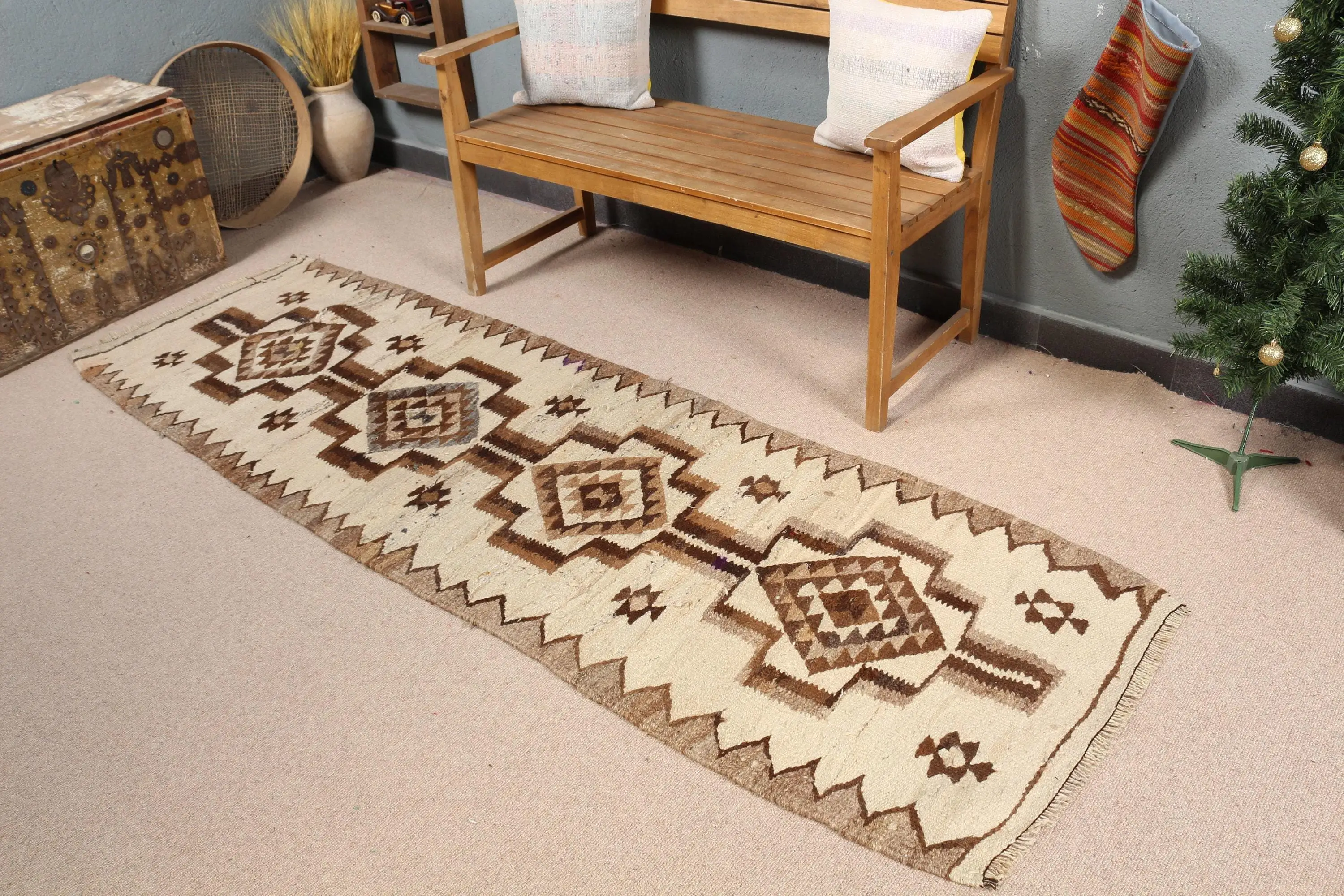 Turkish 2.5x8.3 ft Rug, Runner Vintage Rug, Brown White Camouflage Wool Rug - 1