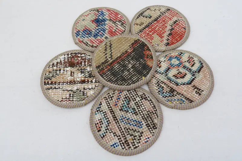 Bohemian Round Coaster, Red and Beige Kilim Coaster Set