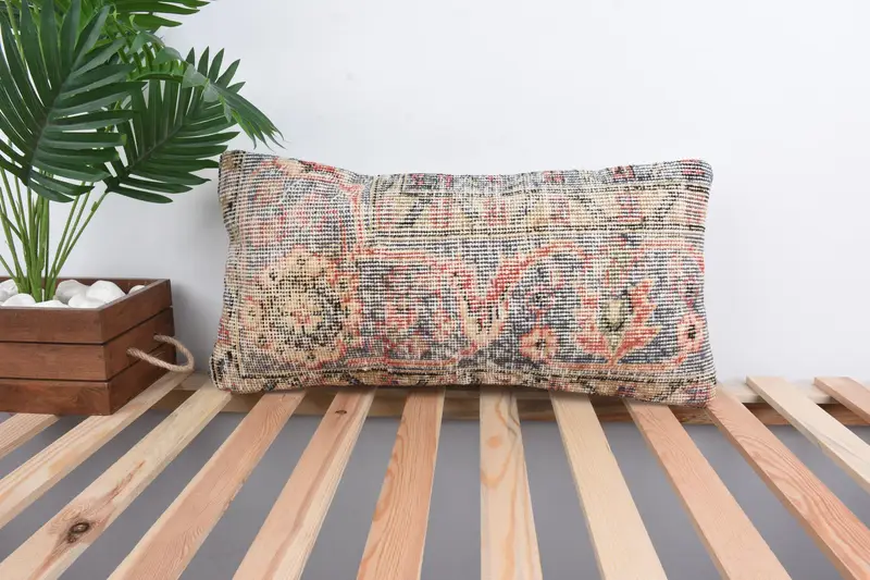Nautical Throw Pillow Cover, Kilim Pillow, Turkish Bench Pillow Sham, Cushion, 12x24 Beige Pillow Sham, Vintage Pillow, Handmade Kilim Cushion - 1