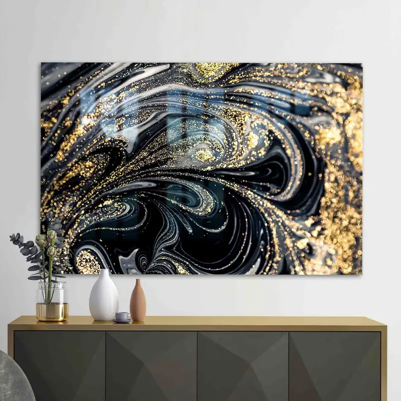 Schimmerndes, zeitgenössisches, mit Goldmarmor bedrucktes Glas – moderner Luxus