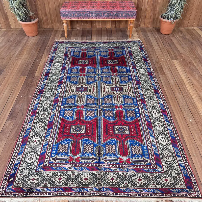 Vintage Large Rug 5x8.3 ft (152x253 cm), Oushak Blue Patchwork Turkish Rug - 1
