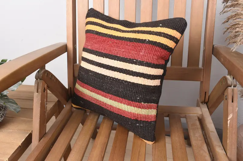 Pillow Cover, Throw Kilim Pillow, 14x14 Brown Pillow Cover, Outdoor Patio Cushion, Vintage Kilim Throw Pillow, Handmade Kilim Cushion - 3