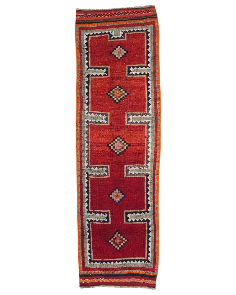 Kırmızı Fas Halısı, 3x10 ft Yeşil Desenli