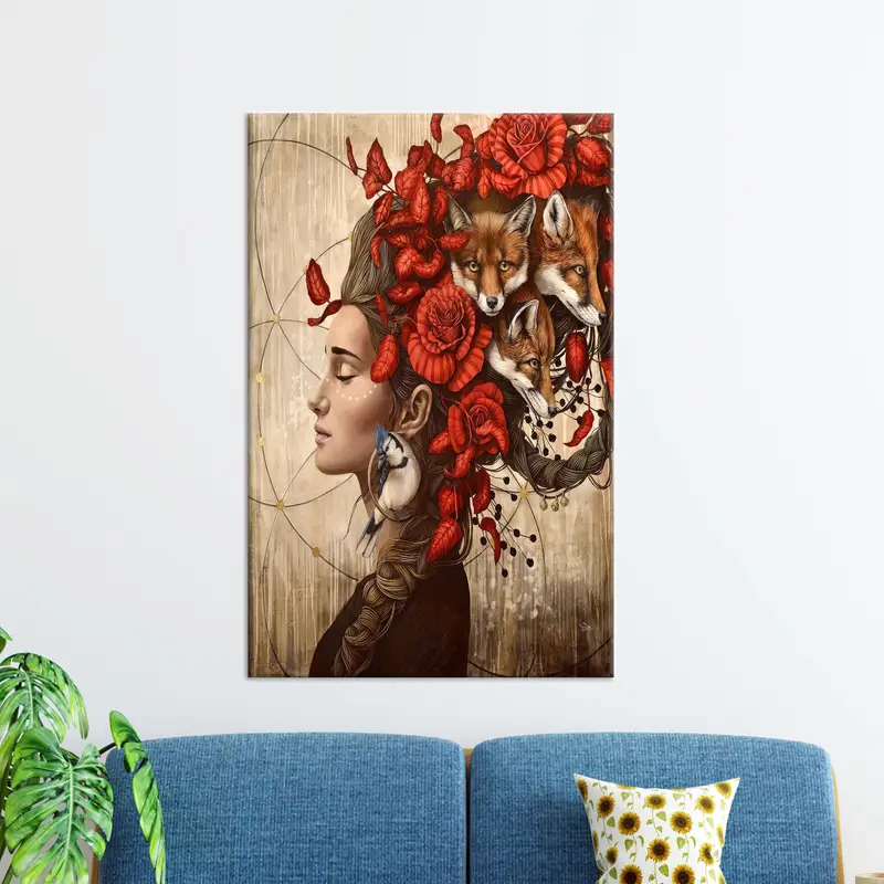 Elegant Printed Canvas: Abstract Woman and Fox