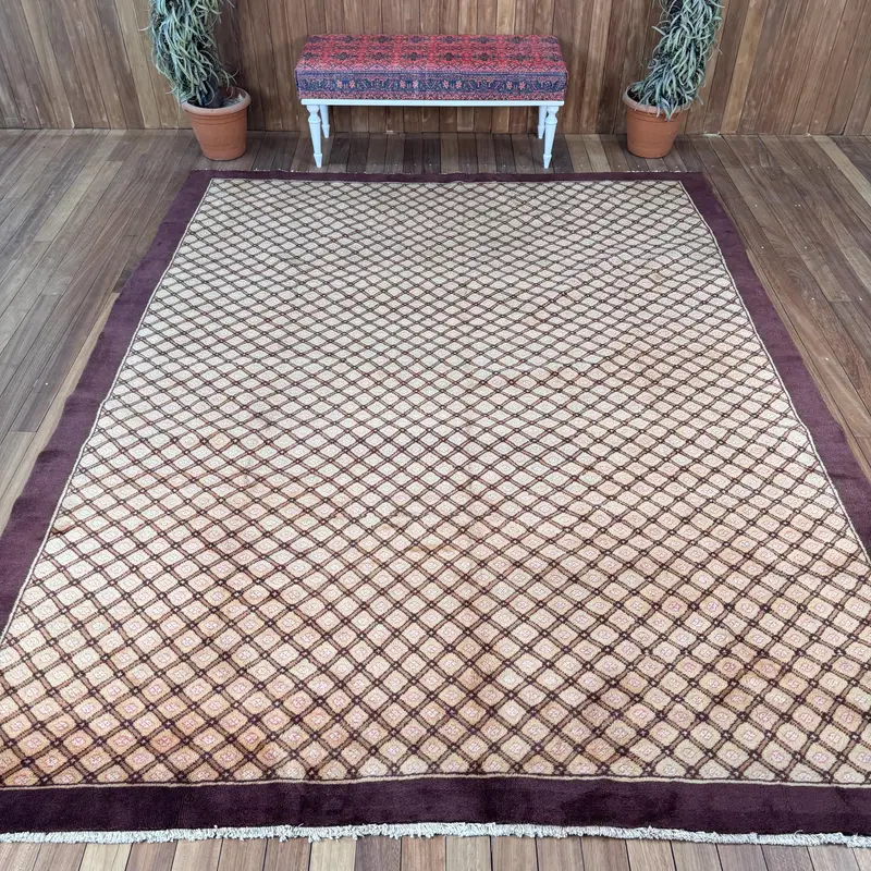 Turkish Vintage Rug 8x10.1 ft (243x307 cm), Oushak Brown Beige Rug - 1