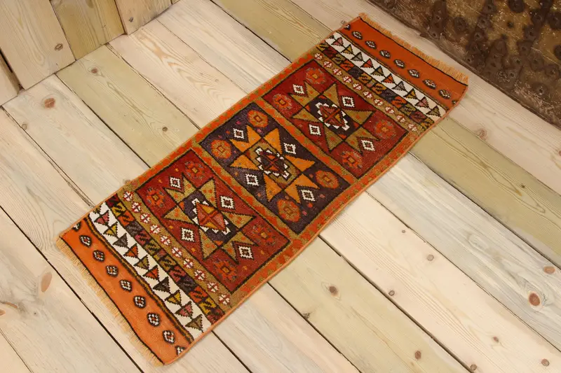 1.2x3 ft Rug, Turkish Vintage Rug, Oushak Orange Animal Print Rug - 1