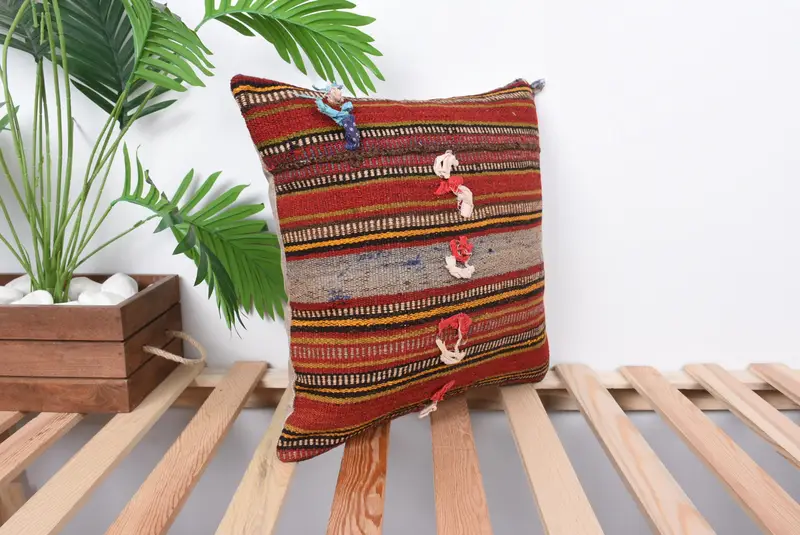 Anatolian Pillow, Vintage Throw Cushion Case, Throw Kilim Pillow, Car Cushion Cover, Pillow Sham, Home Decor Pillow, 16x16 Red Cushion, Kilim Pillow - 4