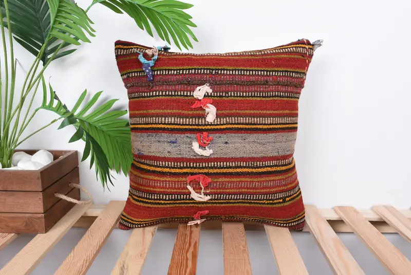 Anatolian Pillow, Vintage Throw Cushion Case, Throw Kilim Pillow, Car Cushion Cover, Pillow Sham, Home Decor Pillow, 16x16 Red Cushion, Kilim Pillow - 1