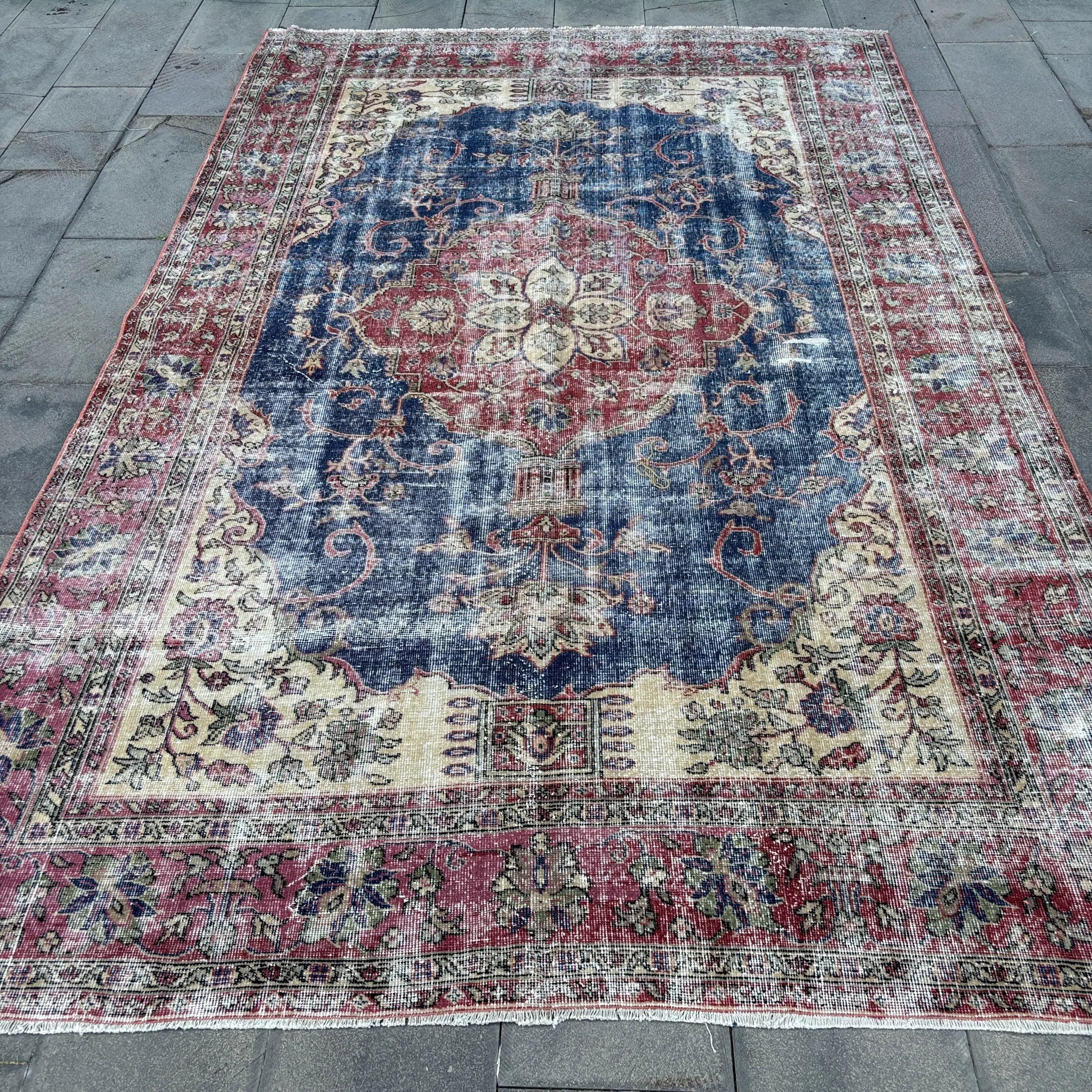 6,8x10,2 ft Vintage Teppich, türkischer großer Teppich, blauer Wollteppich mit Pflanzen und Bäumen - 1