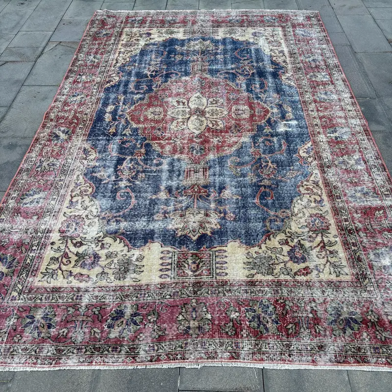 Red & Blue Rug, 6.8x10.2 ft Plant & Tree Pattern