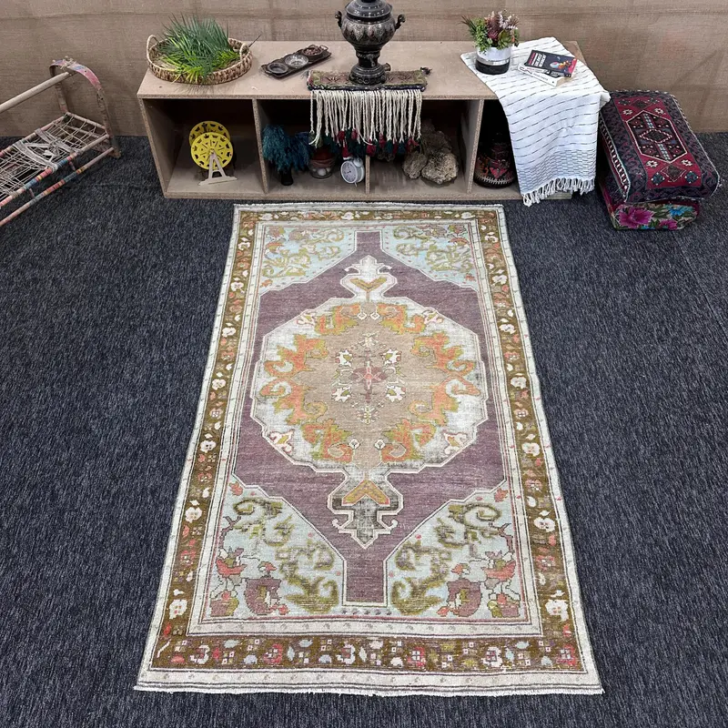 Turkish Vintage Rug 4.1x7.1 ft, Brown Oushak Moroccan Rug - 1
