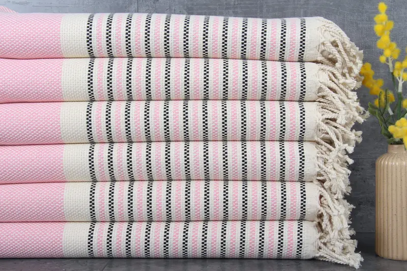 Turkish Beach Towel Organic Cotton Pink and Black Geometric, 40x71 Inches