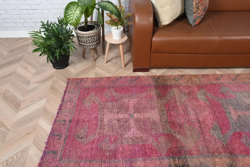 3.3x10.6 ft Oushak Halı, Vintage Türk Halısı, Kırmızı Gri Hayvan Baskı Halı - 1