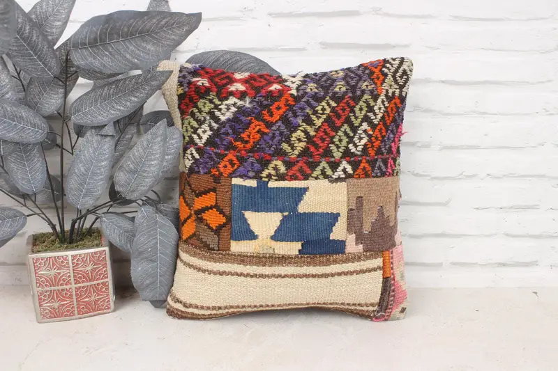 Ethnical Kilim Rug Pillow, Kilim Pillow, Ottoman Cushion Case, 16x16 Blue Cushion, Handmade Throw Pillow Sham, Kilim Cushion Sham, Cushion - 1