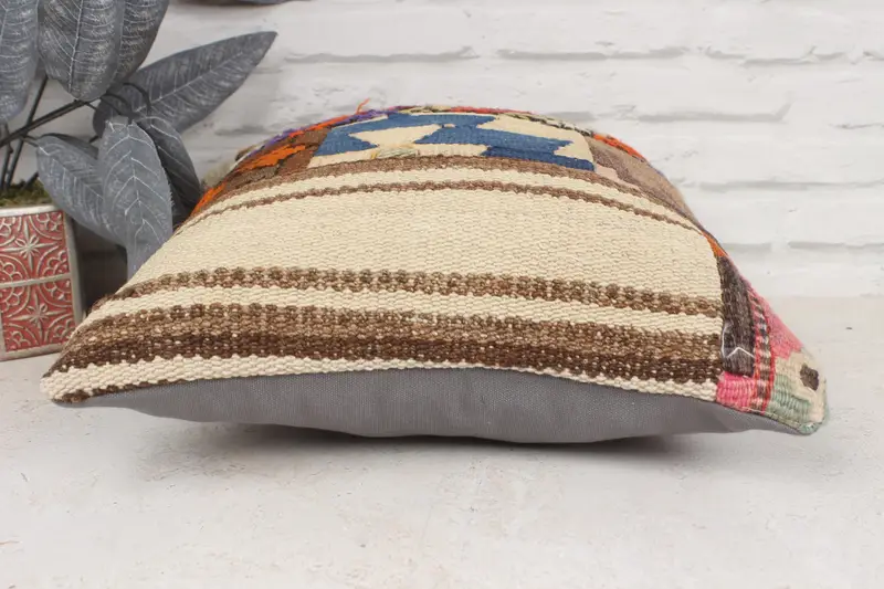 Ethnical Kilim Rug Pillow, Kilim Pillow, Ottoman Cushion Case, 16x16 Blue Cushion, Handmade Throw Pillow Sham, Kilim Cushion Sham, Cushion - 5