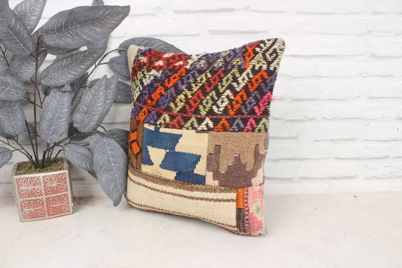 Ethnical Kilim Rug Pillow, Kilim Pillow, Ottoman Cushion Case, 16x16 Blue Cushion, Handmade Throw Pillow Sham, Kilim Cushion Sham, Cushion - 4