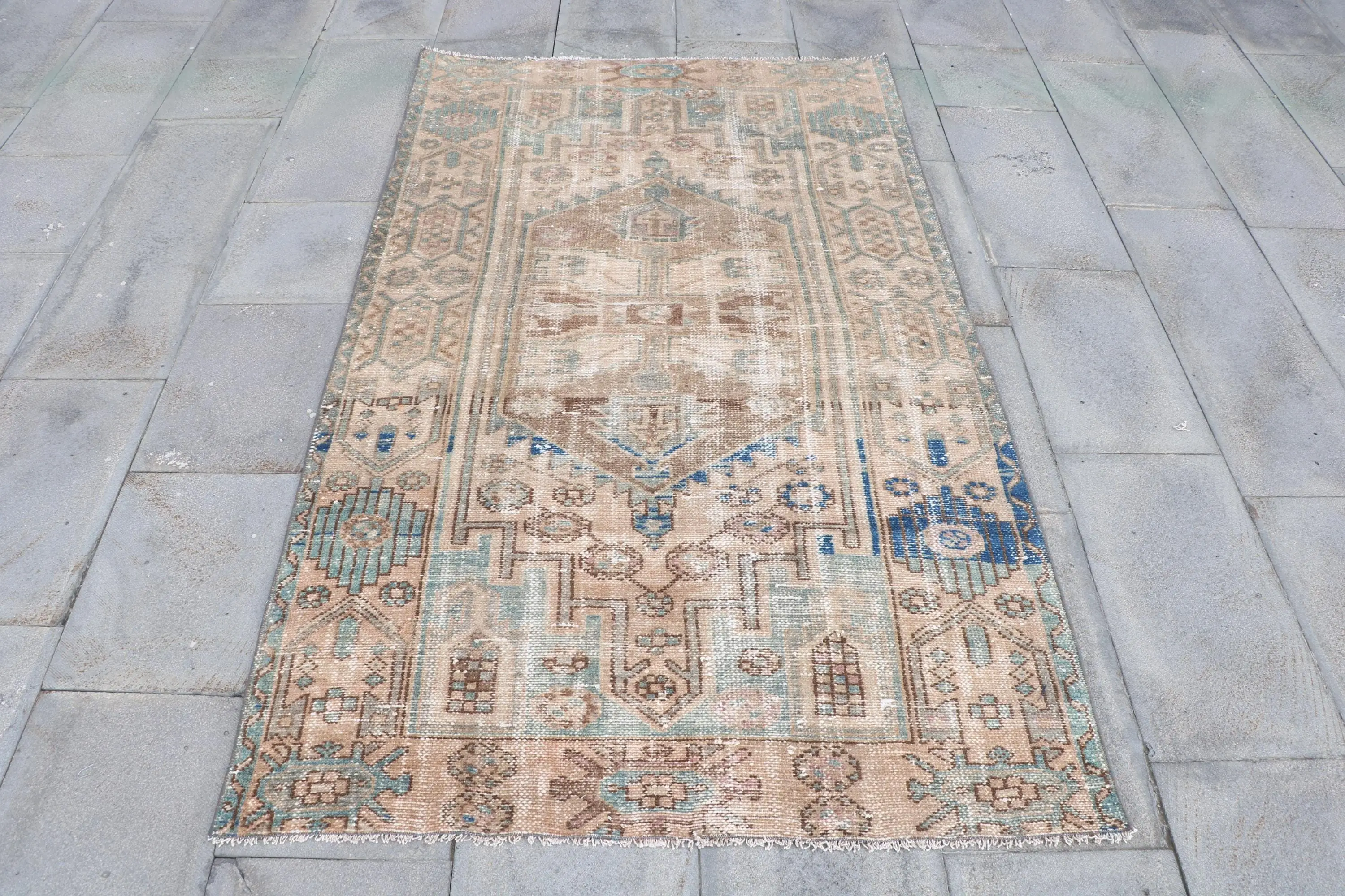 Vintage Türk Halısı, 3.8x6.3 ft Accent Halı, Mavi Kahverengi Güneybatı Yün Halı - 1