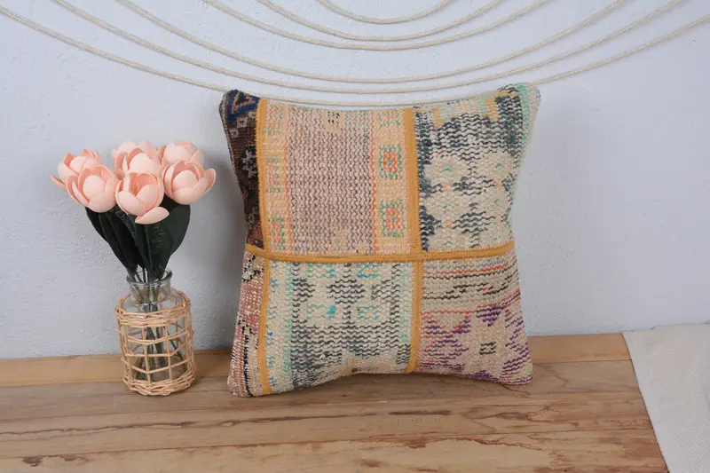 Antique Pillows, Boho Pillow Sham Cover, Cushion Cover, Decorative Bolster Pillow Sham, 16x16 Beige Pillow Case, Customized Cushion, Pillow for Sofa - 2