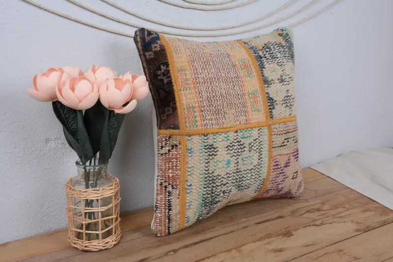 Antique Pillows, Boho Pillow Sham Cover, Cushion Cover, Decorative Bolster Pillow Sham, 16x16 Beige Pillow Case, Customized Cushion, Pillow for Sofa - 1