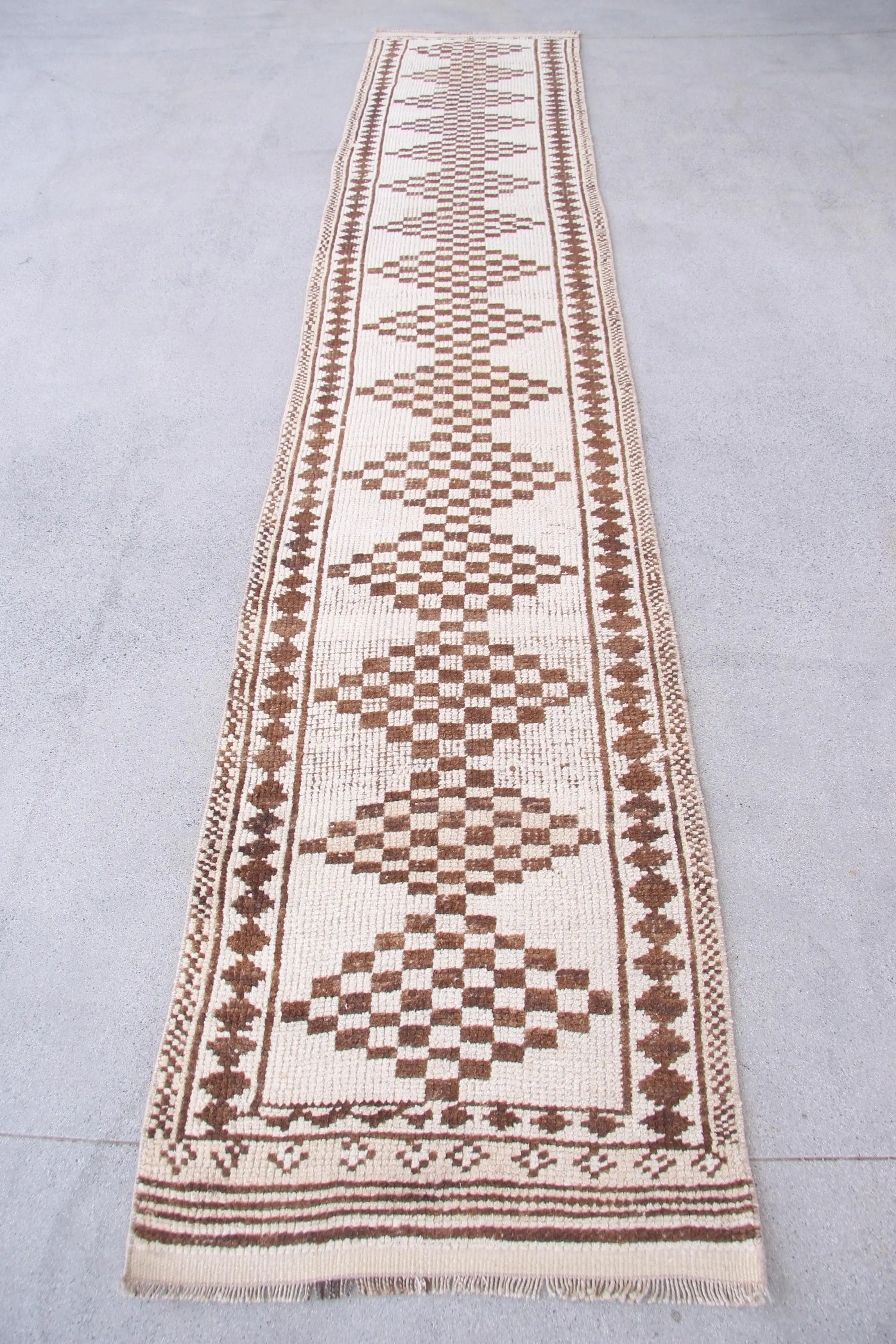 2.5x13.2 ft Vintage Rug, Turkish Runner Rug, Brown White Floral Rug - 1
