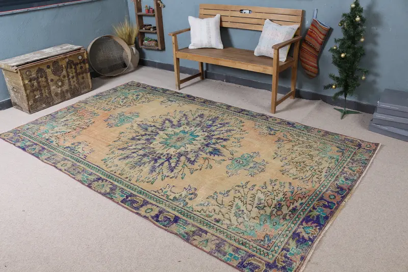 エレガントなオレンジ&ブルーのペルシャ絨毯、5.4x9.3フィート