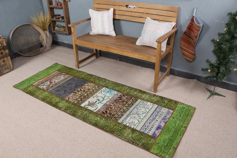 Yeşil & Bej Halı, 2,5x6,9 ft Bitki ve Ağaç Desenli