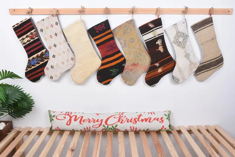 Patrón de adornos navideños Kilim festivos, calcetín navideño de 8 pulgadas de ancho