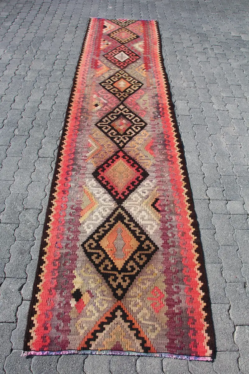 Vintage Turkish Runner Rug 2.7x12 ft (82x366 cm), Red Southwestern Kilim Rug - 1