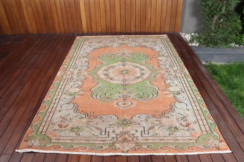 Vintage Teppich, 5,6x8,4 ft großer türkischer Teppich, Oushak Orange Grün Gestreifter Teppich - 1