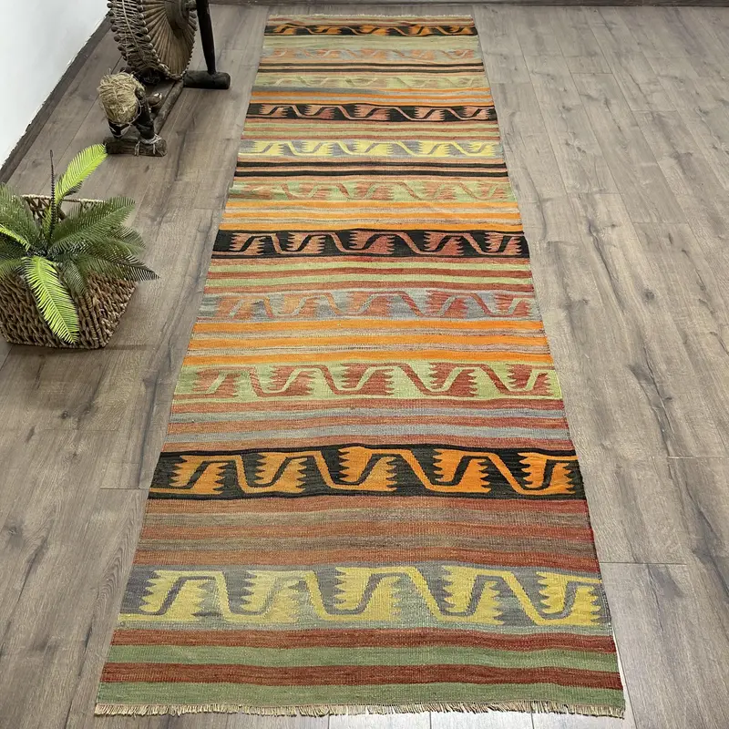 Red, Green Rug 3,3x11,5 ft, Geometric Floral Design