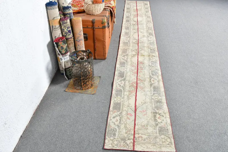 Turkish Vintage Rug 1.6x12.5 ft, Oushak White Striped Wool Rug - 1
