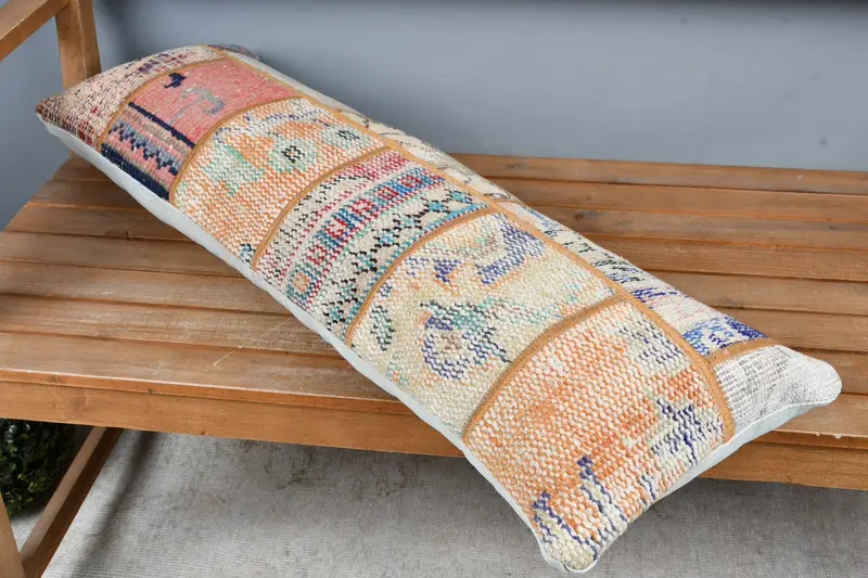 Tribal Cushion, Boho Pillow, Pillow Cover, Seat Pillow Sham, Kilim Pillow Cover, 12x36 Blue Pillow, Vintage Kilim Throw Pillow - 2