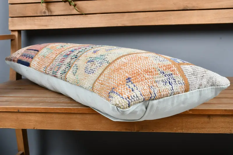 Tribal Cushion, Boho Pillow, Pillow Cover, Seat Pillow Sham, Kilim Pillow Cover, 12x36 Blue Pillow, Vintage Kilim Throw Pillow - 3