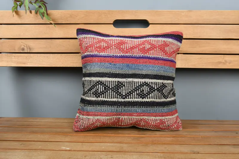 Kilim Pillow Cover, Decorative Bolster Pillow Cover, 16x16 Red Cushion Cover, Antique Pillows, Handmade Kilim Cushion, Couch Cushion Case, Pillow - 6