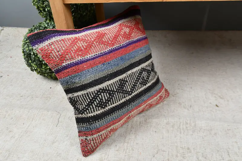 Kilim Pillow Cover, Decorative Bolster Pillow Cover, 16x16 Red Cushion Cover, Antique Pillows, Handmade Kilim Cushion, Couch Cushion Case, Pillow - 7