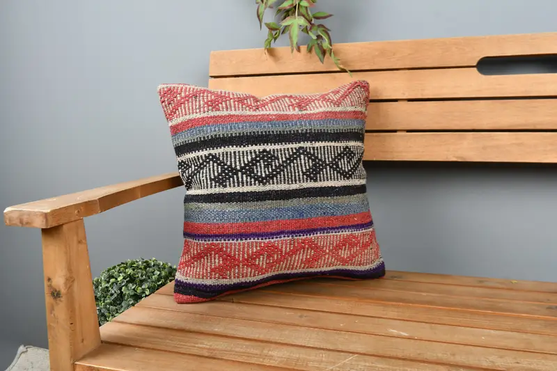 Kilim Pillow Cover, Decorative Bolster Pillow Cover, 16x16 Red Cushion Cover, Antique Pillows, Handmade Kilim Cushion, Couch Cushion Case, Pillow - 1